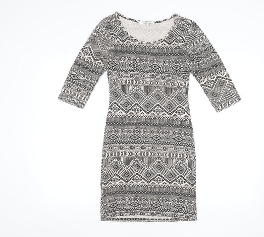 New Look Women's Black Aztec Bodycon Dress Size S 3/4 Sleeve