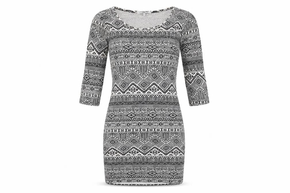 New Look Women's Black Aztec Bodycon Dress Size S 3/4 Sleeve