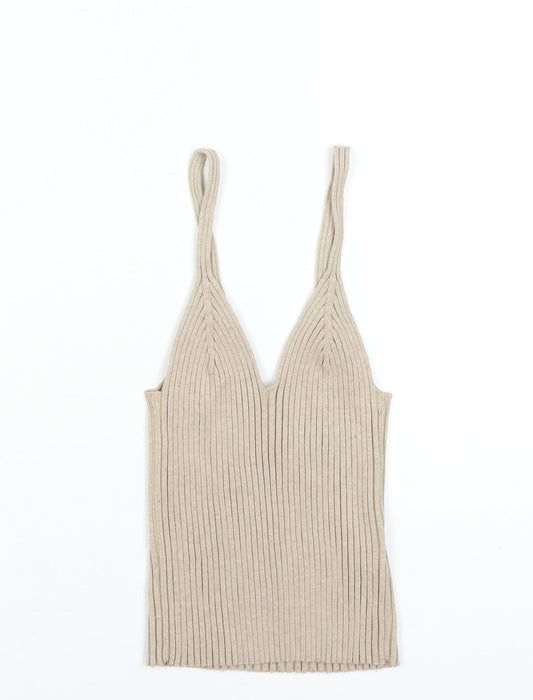H&M Women Beige Ribbed Knit V-Neck Camisole Tank Top XS