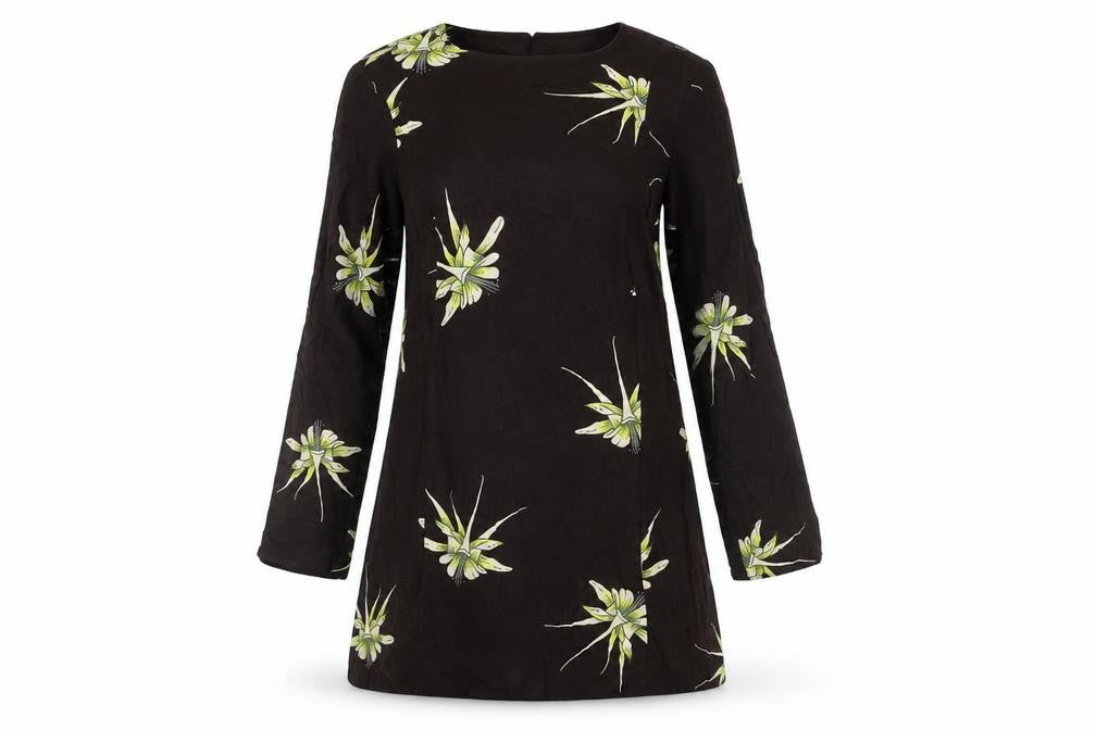 H&M Women Black Floral Shift Dress Size 8 Long Sleeve Knee Length