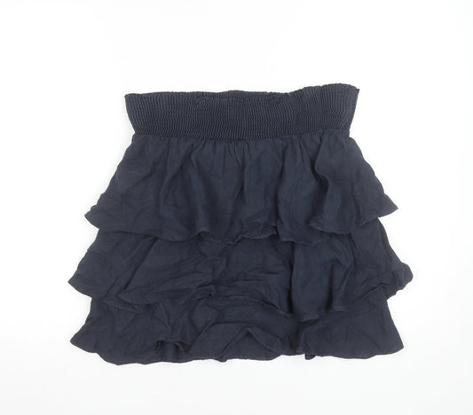 Zara Basic Women Navy Blue Linen Tiered Mini Skirt Size S