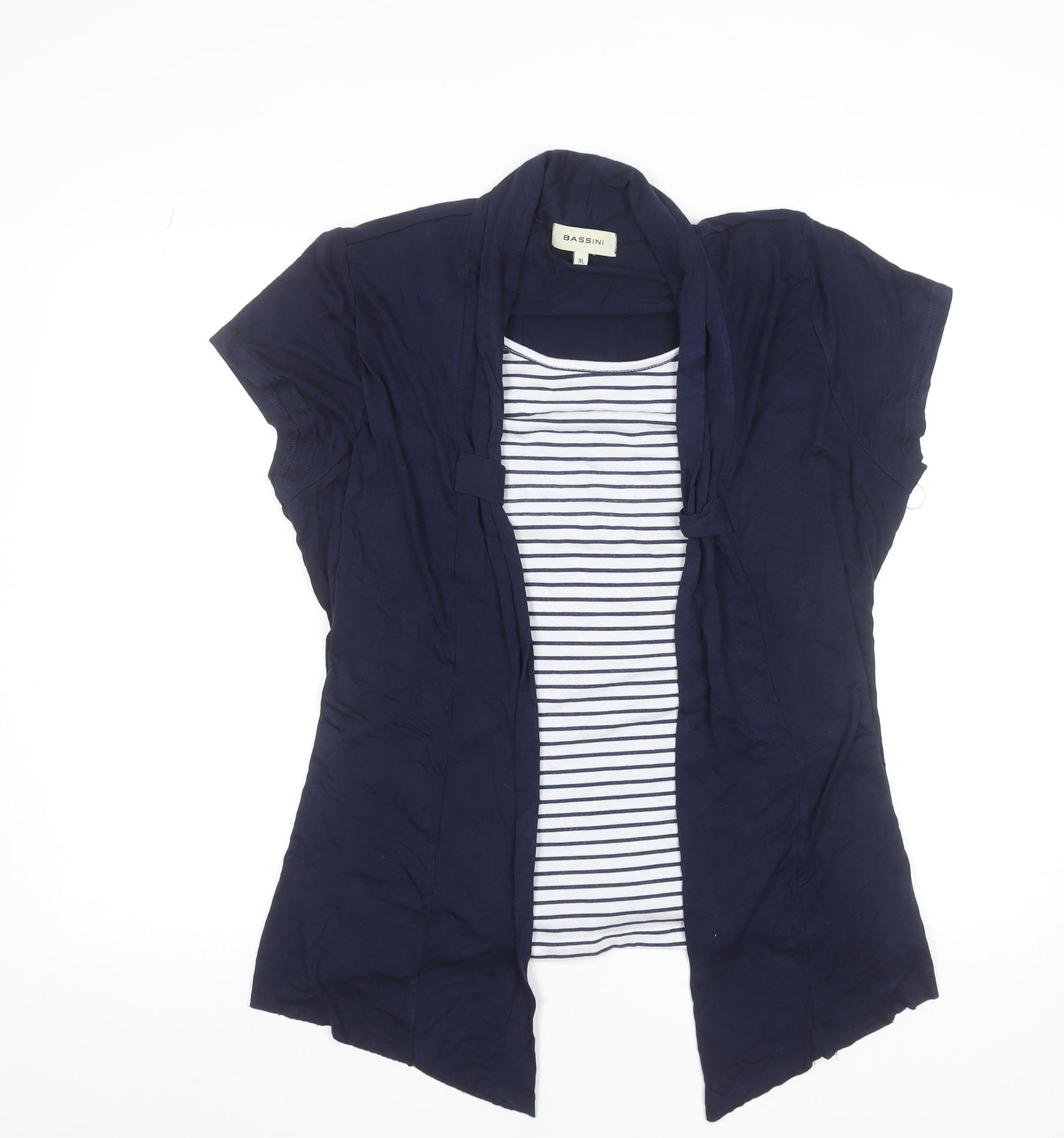 Bassini Women Blue Striped Tunic Blouse XL Viscose Short Sleeve