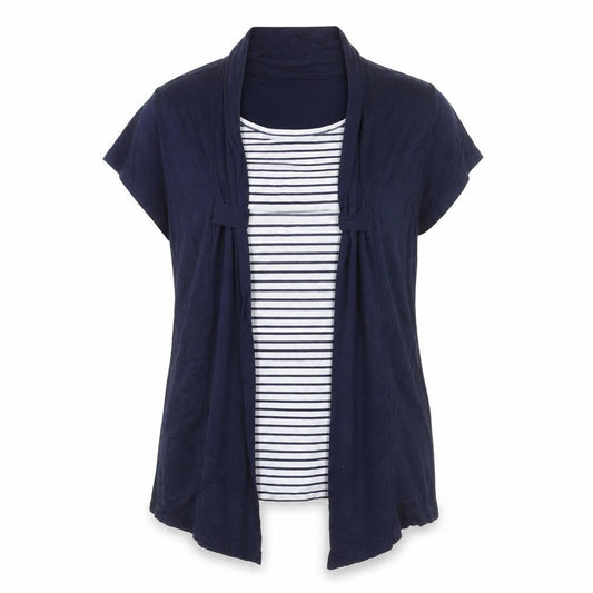 Bassini Women Blue Striped Tunic Blouse XL Viscose Short Sleeve