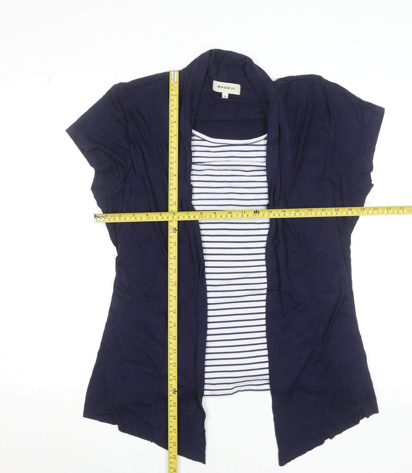 Bassini Women Blue Striped Tunic Blouse XL Viscose Short Sleeve