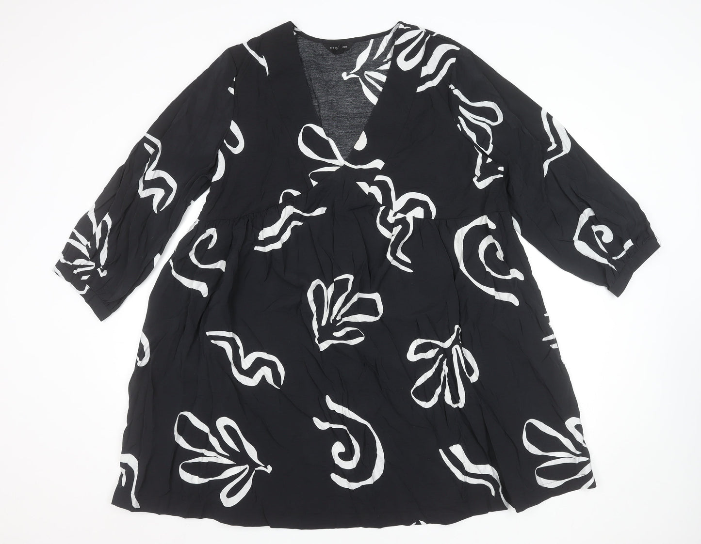 New Look Women Black Viscose A-Line Dress Size 18 V-Neck 3/4 Sleeve