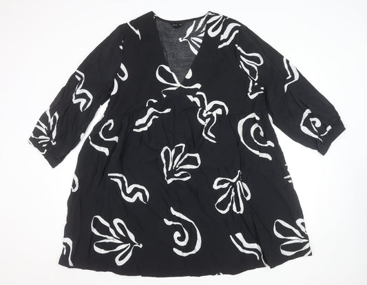 New Look Women Black Viscose A-Line Dress Size 18 V-Neck 3/4 Sleeve