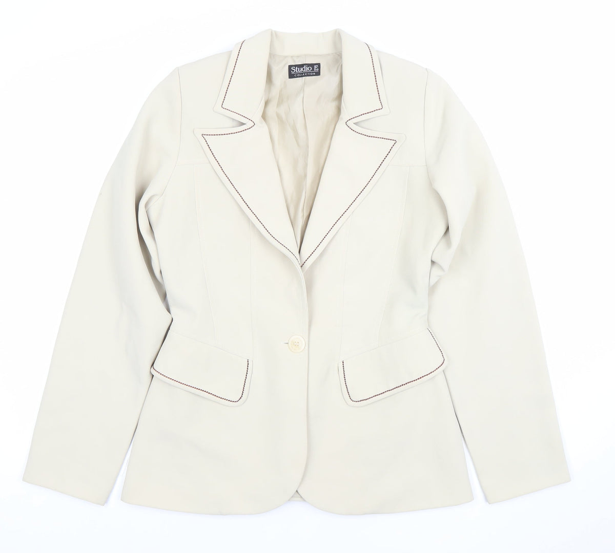 Studio F Women’s Beige Tailored Blazer Size 12 Single-Breasted One-Button Jacket