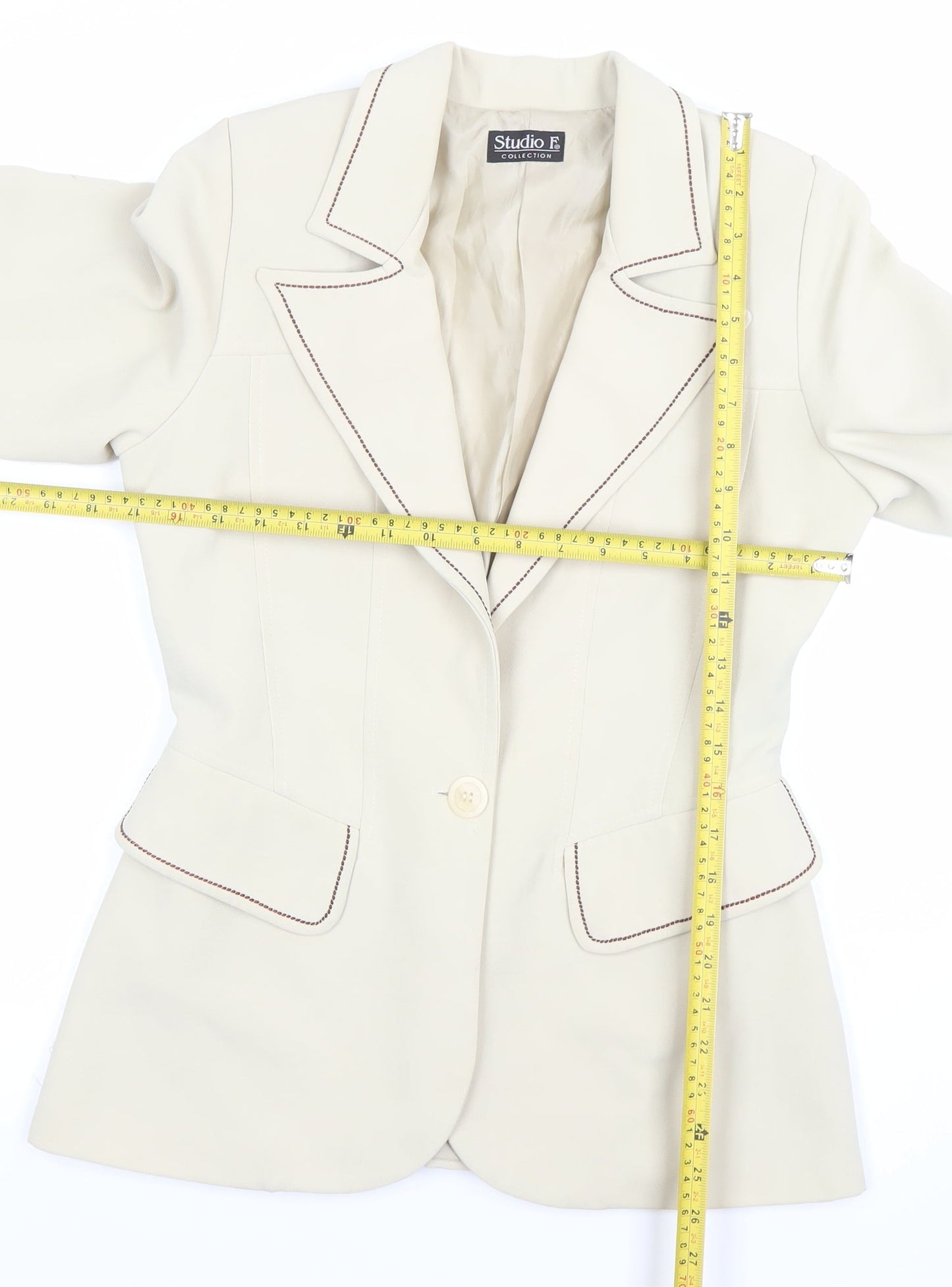 Studio F Women’s Beige Tailored Blazer Size 12 Single-Breasted One-Button Jacket