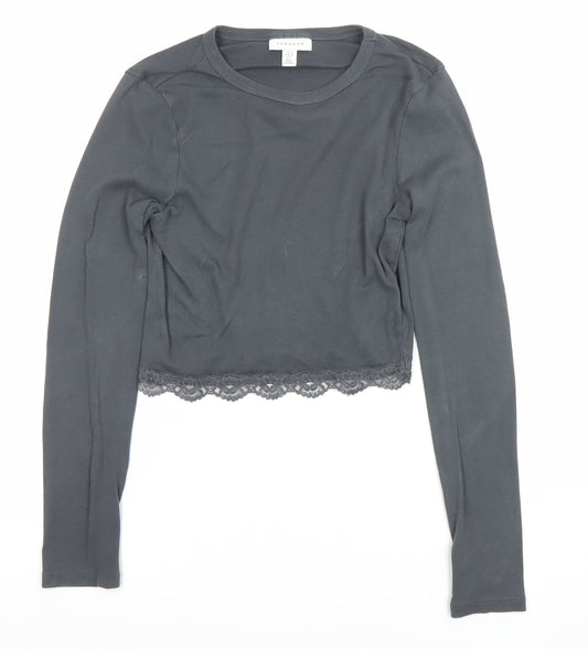 Topshop Women's Black Cropped Lace Trim Long Sleeve T-Shirt UK 10