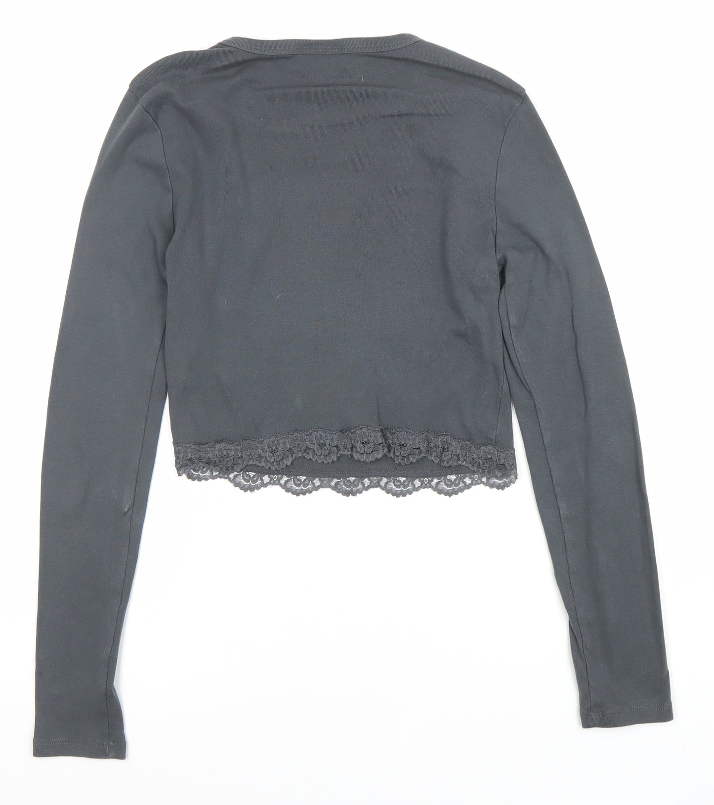 Topshop Women's Black Cropped Lace Trim Long Sleeve T-Shirt UK 10