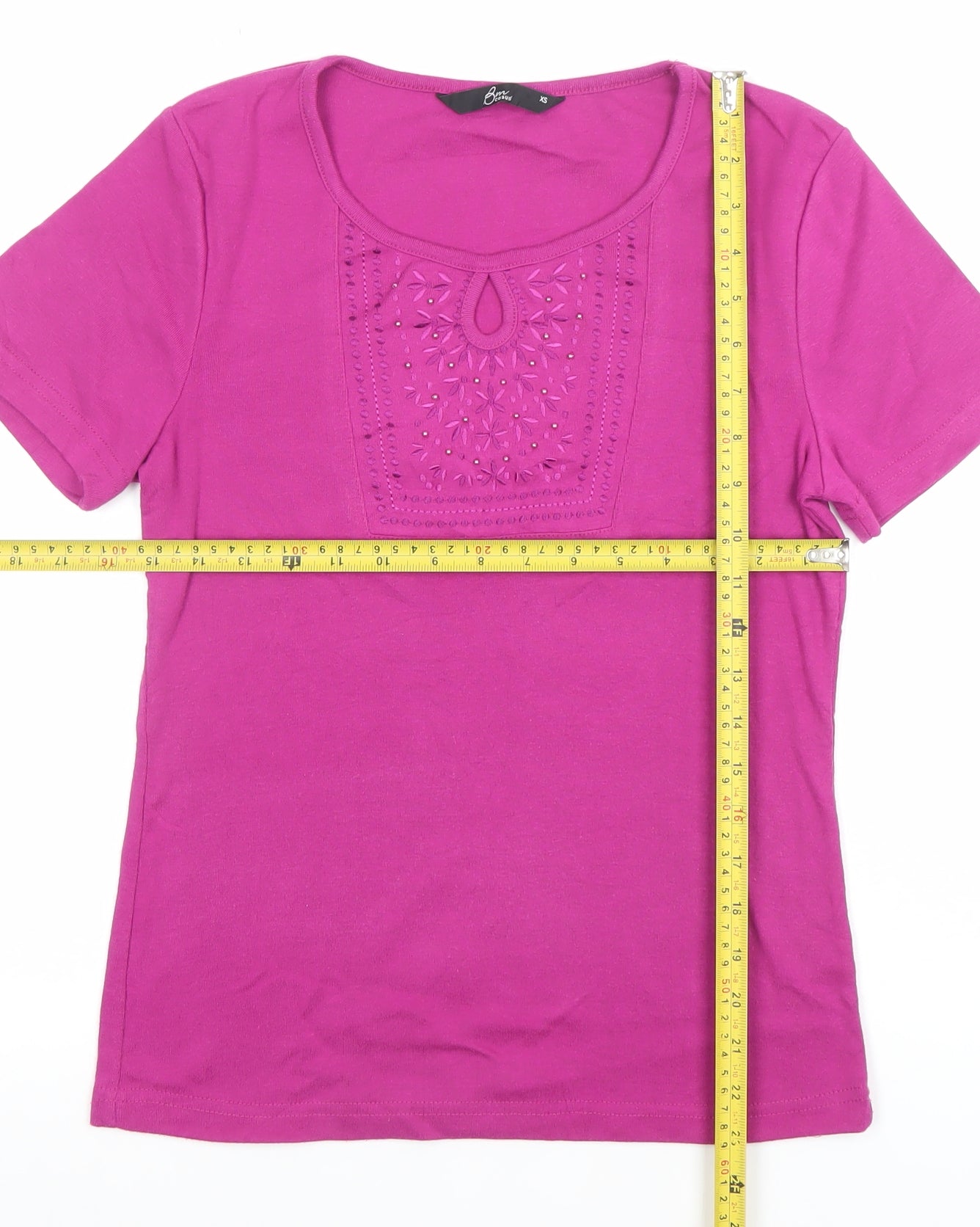 Bon Casual Women's Pink Embroidered Cotton Stretch T-Shirt XS