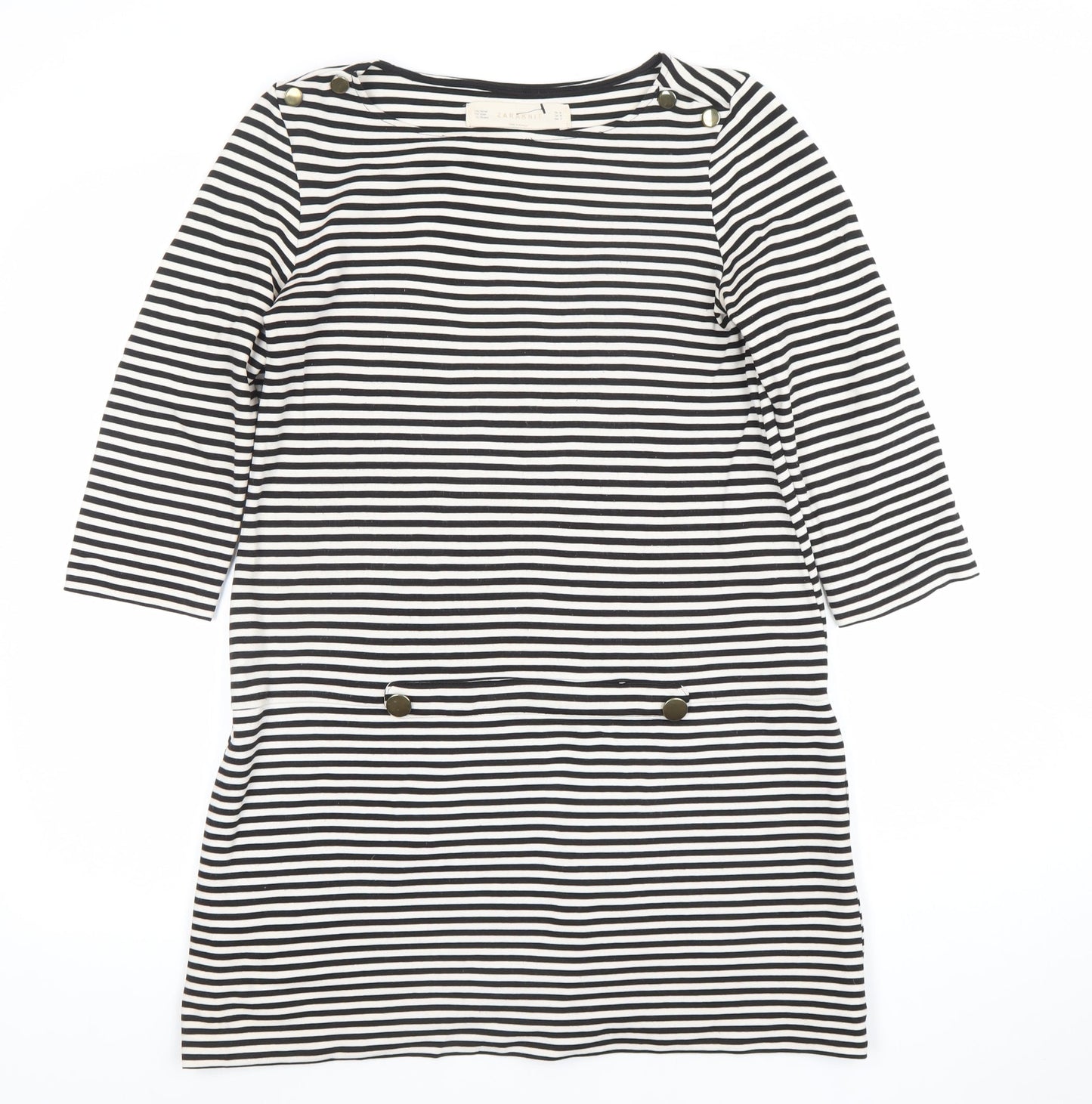 Zara Knit Women’s Black Striped Shift Dress Size L 3/4 Sleeve Nautical Style