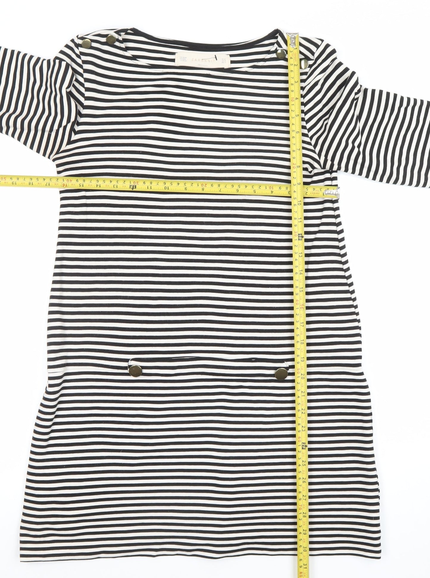 Zara Knit Women’s Black Striped Shift Dress Size L 3/4 Sleeve Nautical Style