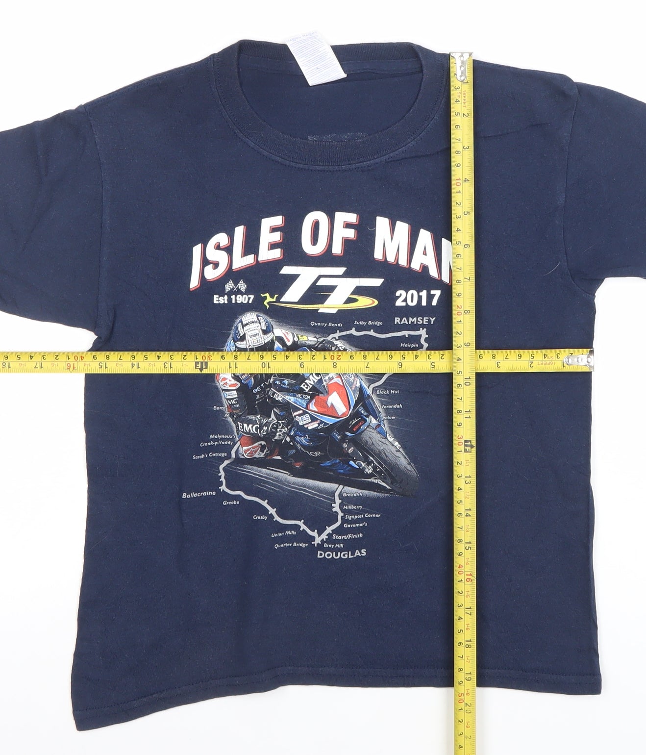 Gildan Boys Blue Isle of Man TT 2017 Motorcycle Graphic T-Shirt XS