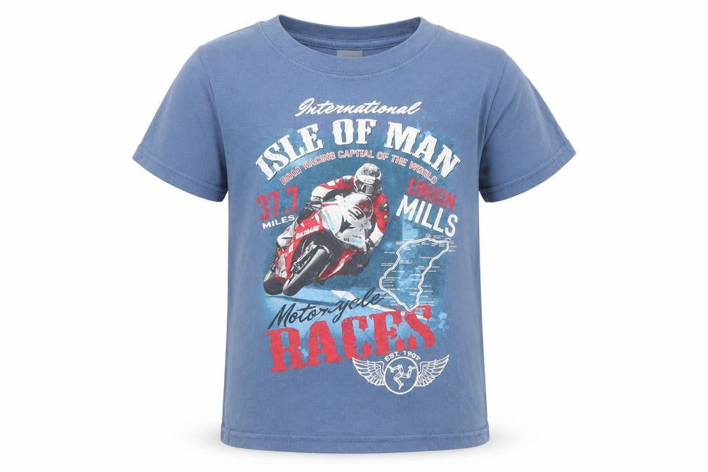 Gildan Boys Blue Isle of Man Motorcycle Races T-Shirt XS Ring Spun Cotton