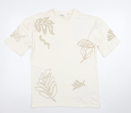 Next Men's Ivory Floral Embroidered Cotton T-Shirt XS