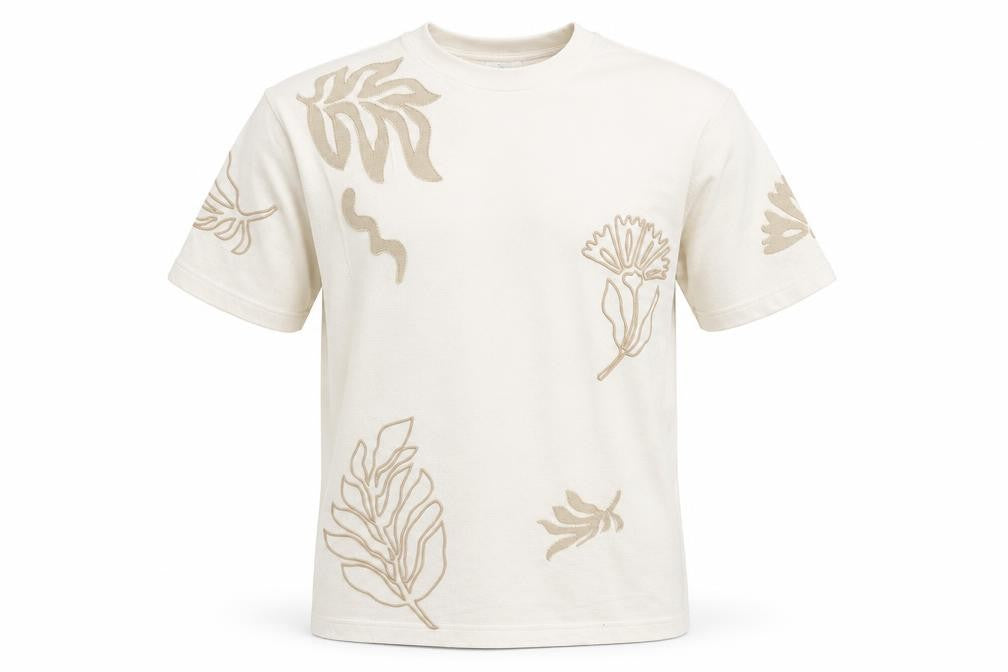 Next Men's Ivory Floral Embroidered Cotton T-Shirt XS