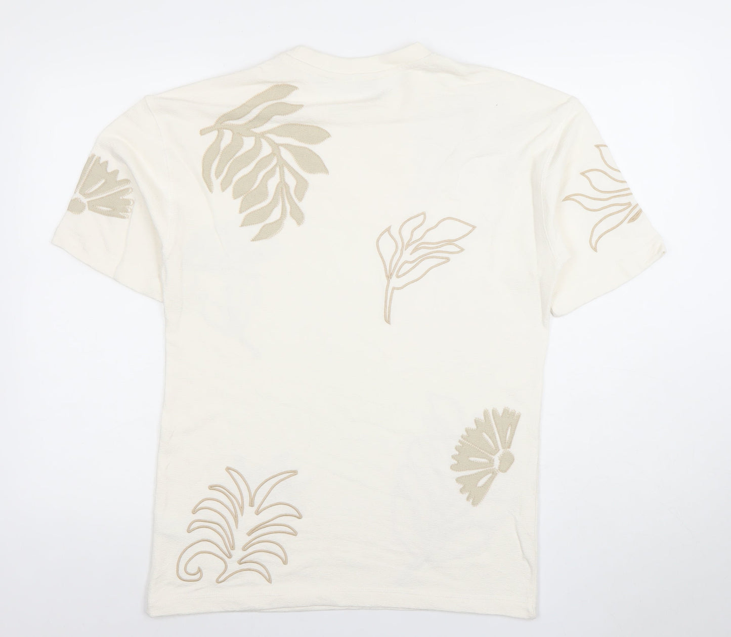 Next Men's Ivory Floral Embroidered Cotton T-Shirt XS