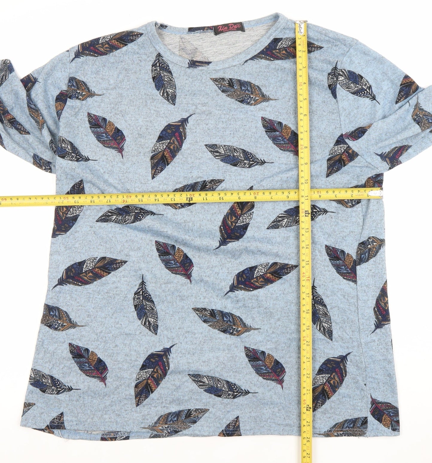 Kite Dope Womens Blue Feather Print Long Sleeve Cotton T-Shirt 3XL