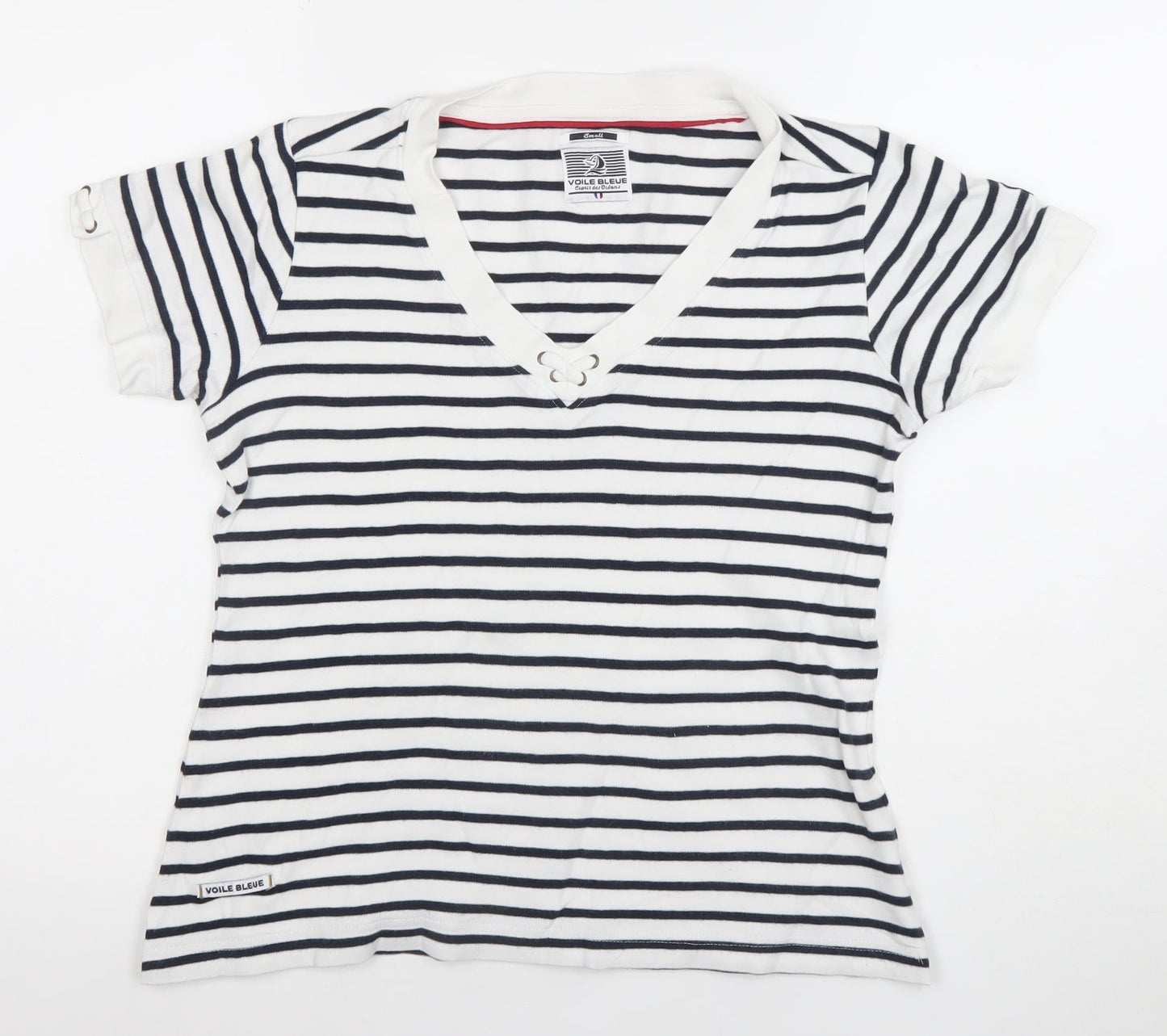 Voile Bleue Women’s Blue Striped Nautical V-Neck T-Shirt Small
