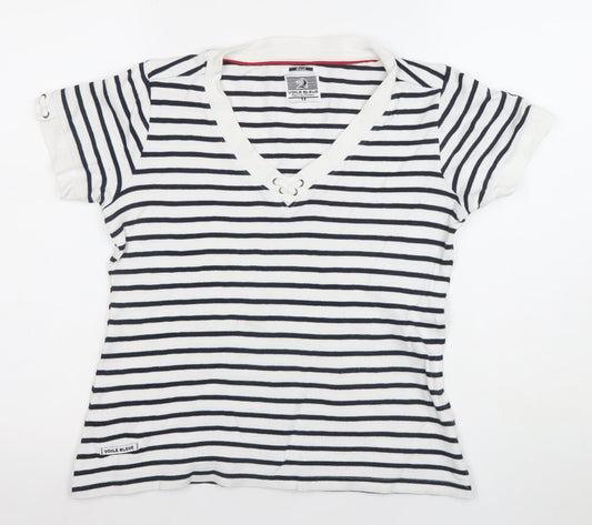 Voile Bleue Women’s Blue Striped Nautical V-Neck T-Shirt Small
