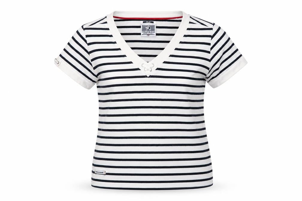 Voile Bleue Women’s Blue Striped Nautical V-Neck T-Shirt Small
