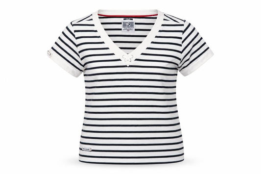 Voile Bleue Women’s Blue Striped Nautical V-Neck T-Shirt Small