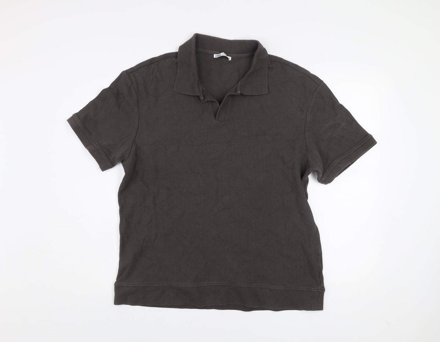 Zara Men Brown Collared Short Sleeve Cotton Knit Polo Shirt Size XL