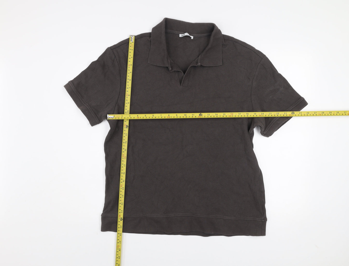 Zara Men Brown Collared Short Sleeve Cotton Knit Polo Shirt Size XL
