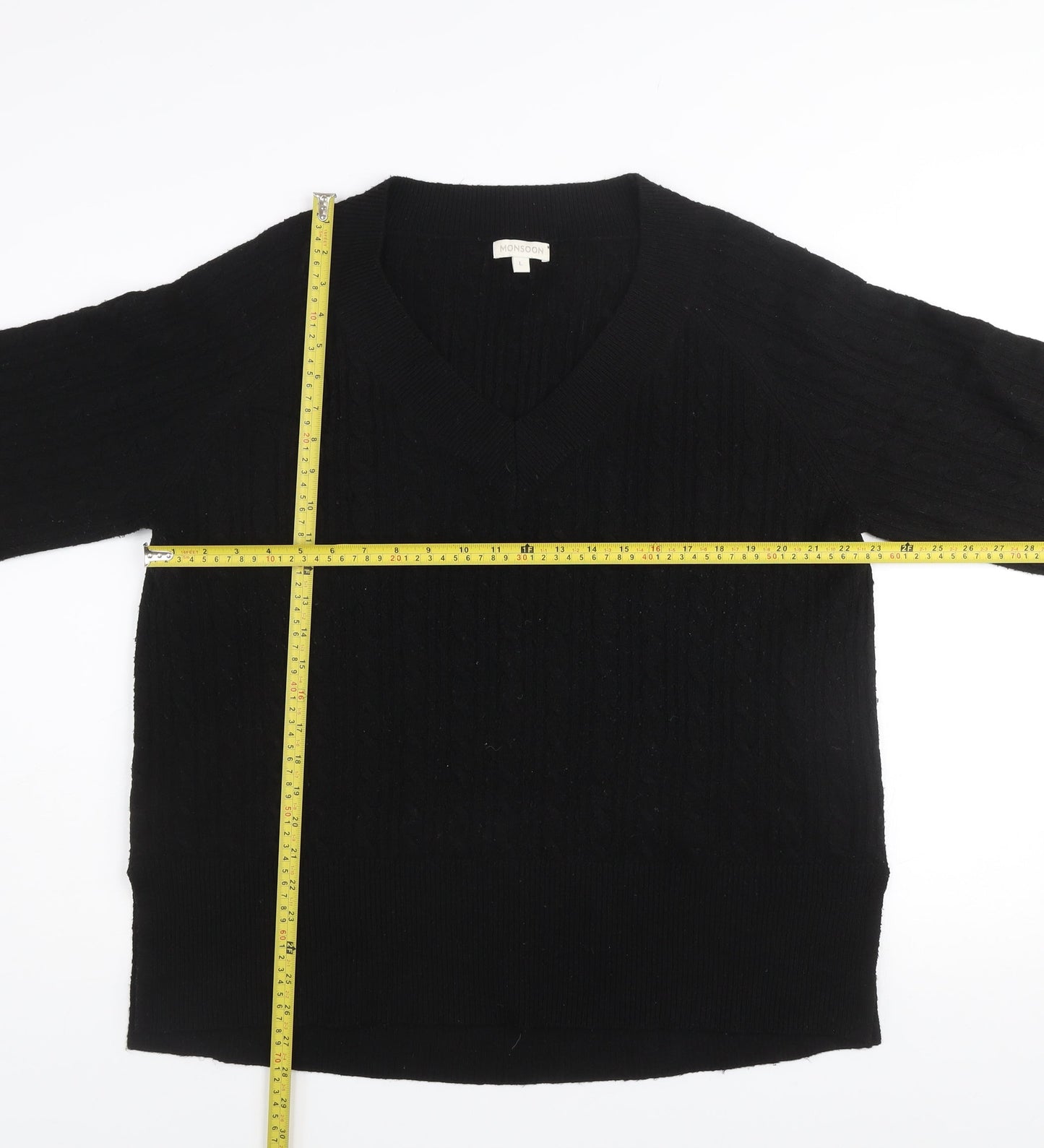 Monsoon Women’s Black V-Neck Cable-Knit Pullover Jumper Size L