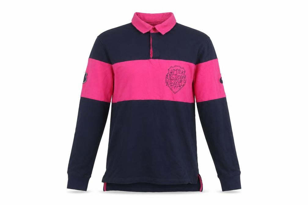 Asics Men's Blue & Pink Colourblock Rugby Shirt Size S Long Sleeve