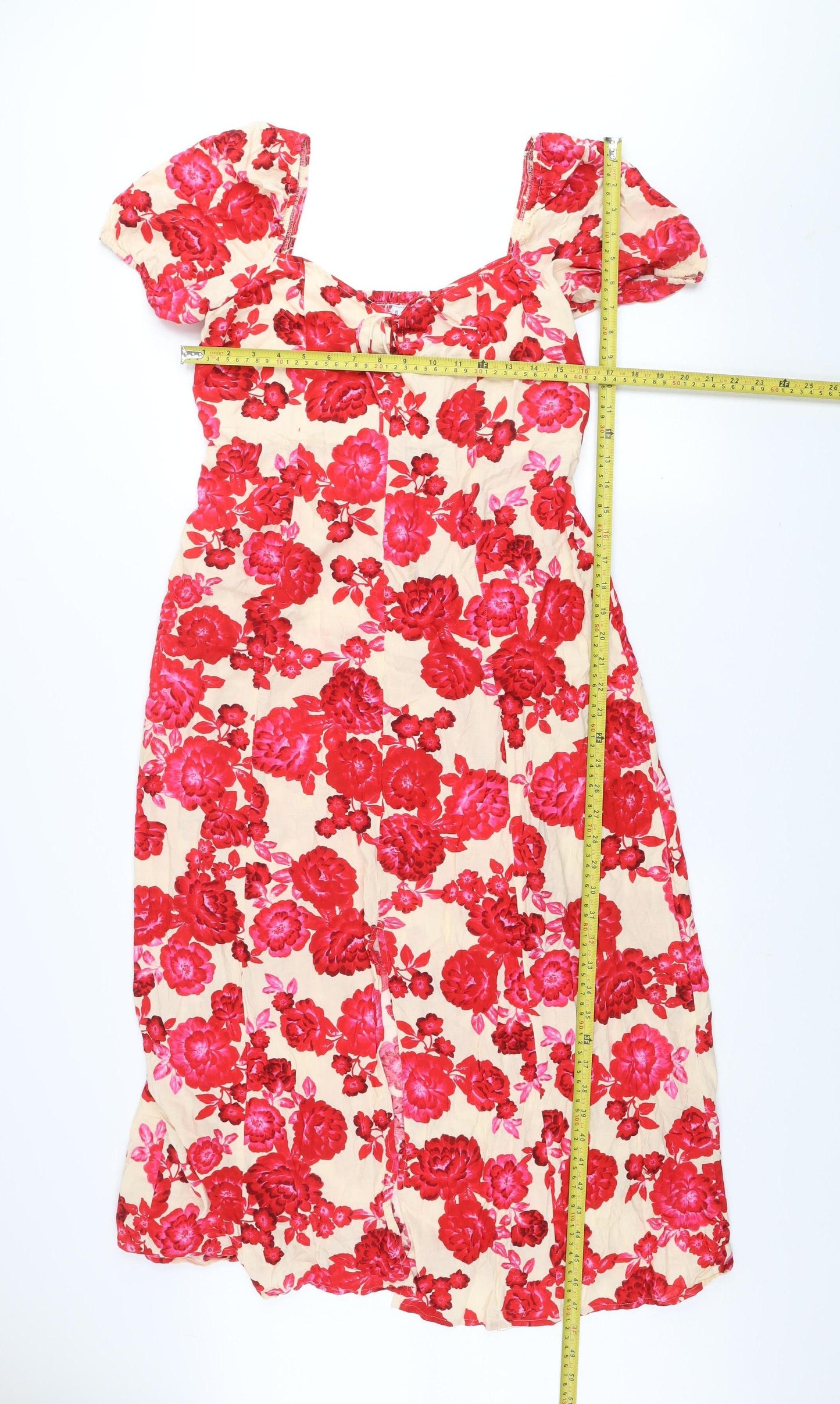 Stradivarius Women Beige Red Floral Cotton Midi A-Line Dress Size 14