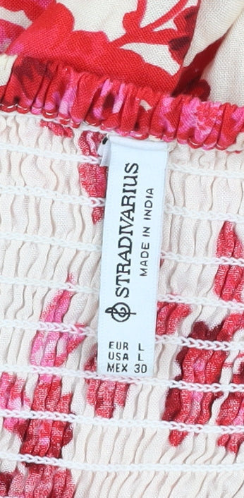 Stradivarius Women Beige Red Floral Cotton Midi A-Line Dress Size 14