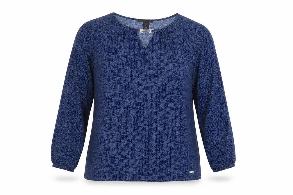 Tahari Women's Blue Geometric V-Neck Long Sleeve Tunic Blouse Size L
