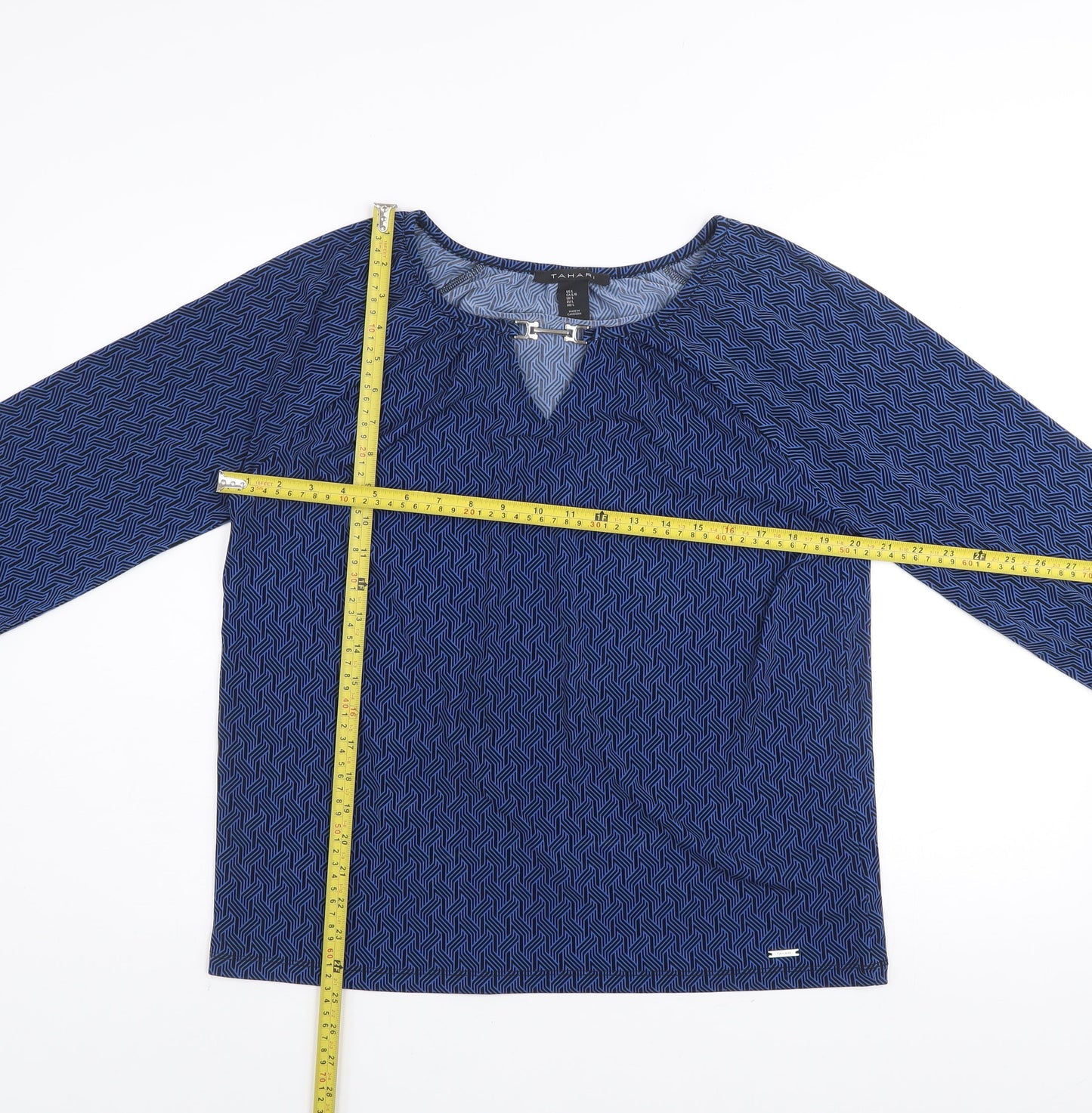 Tahari Women's Blue Geometric V-Neck Long Sleeve Tunic Blouse Size L