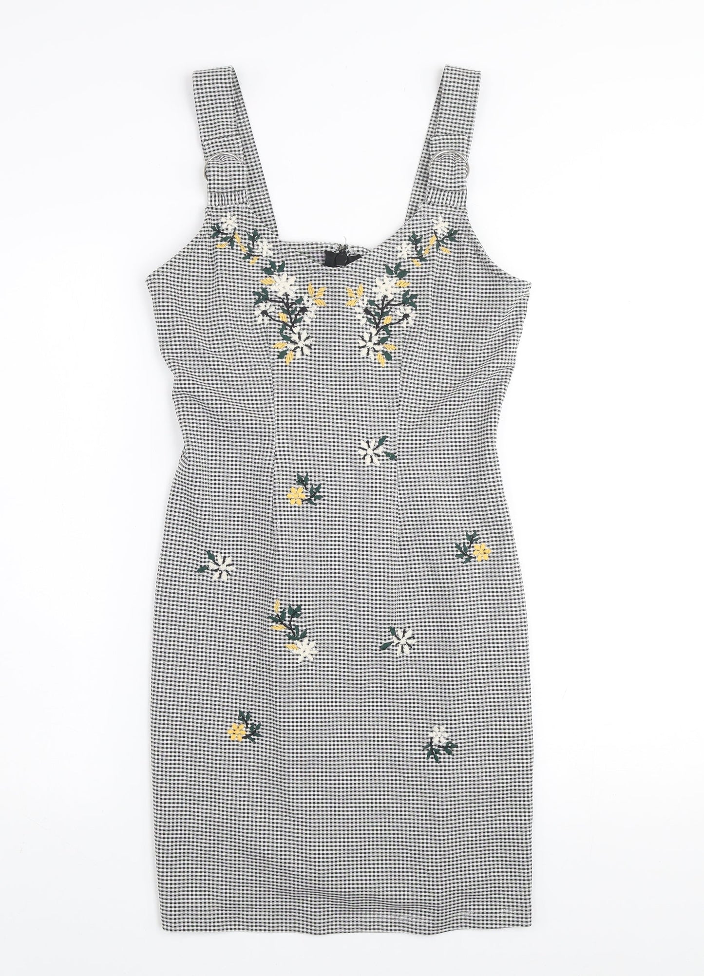 Topshop Women Black Check Embroidered Pinafore Dress Size 10