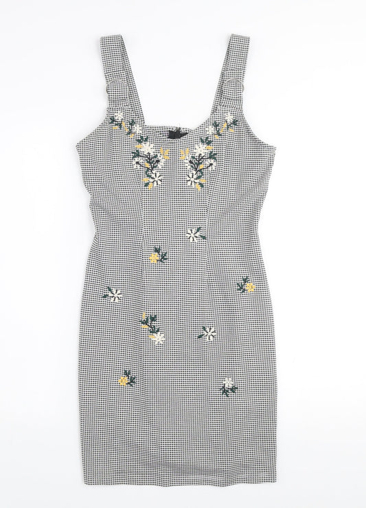 Topshop Women Black Check Embroidered Pinafore Dress Size 10