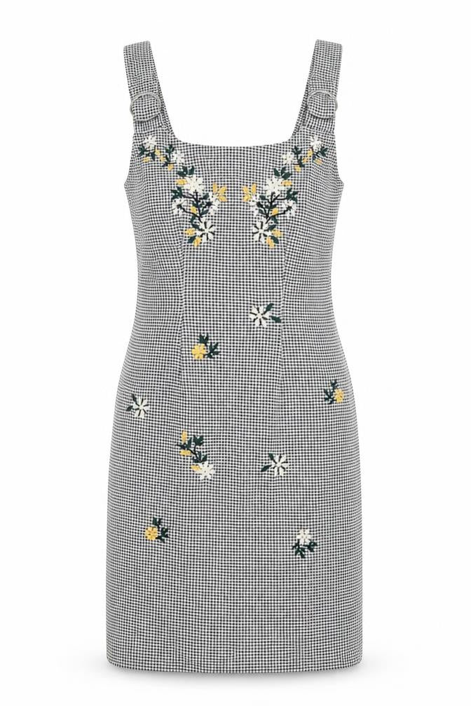 Topshop Women Black Check Embroidered Pinafore Dress Size 10