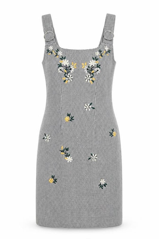 Topshop Women Black Check Embroidered Pinafore Dress Size 10