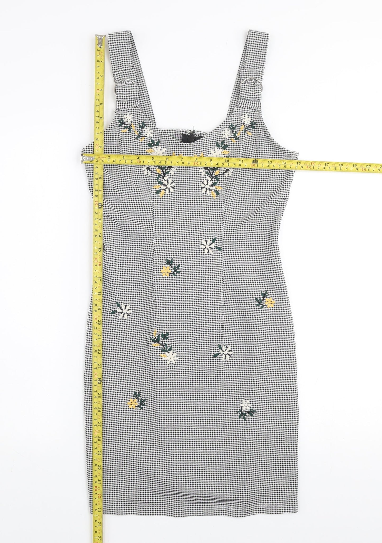 Topshop Women Black Check Embroidered Pinafore Dress Size 10
