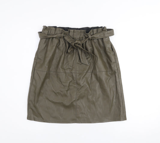 ONLY Women's Green Faux Leather Knee Skirt Size 12 High Waist Belted
