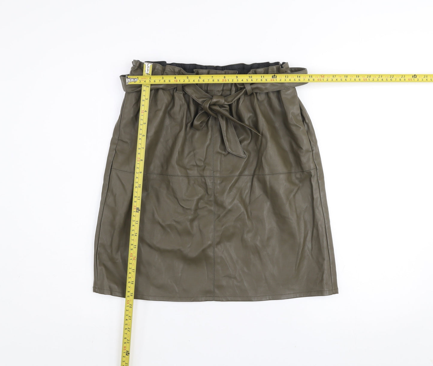 ONLY Women's Green Faux Leather Knee Skirt Size 12 High Waist Belted
