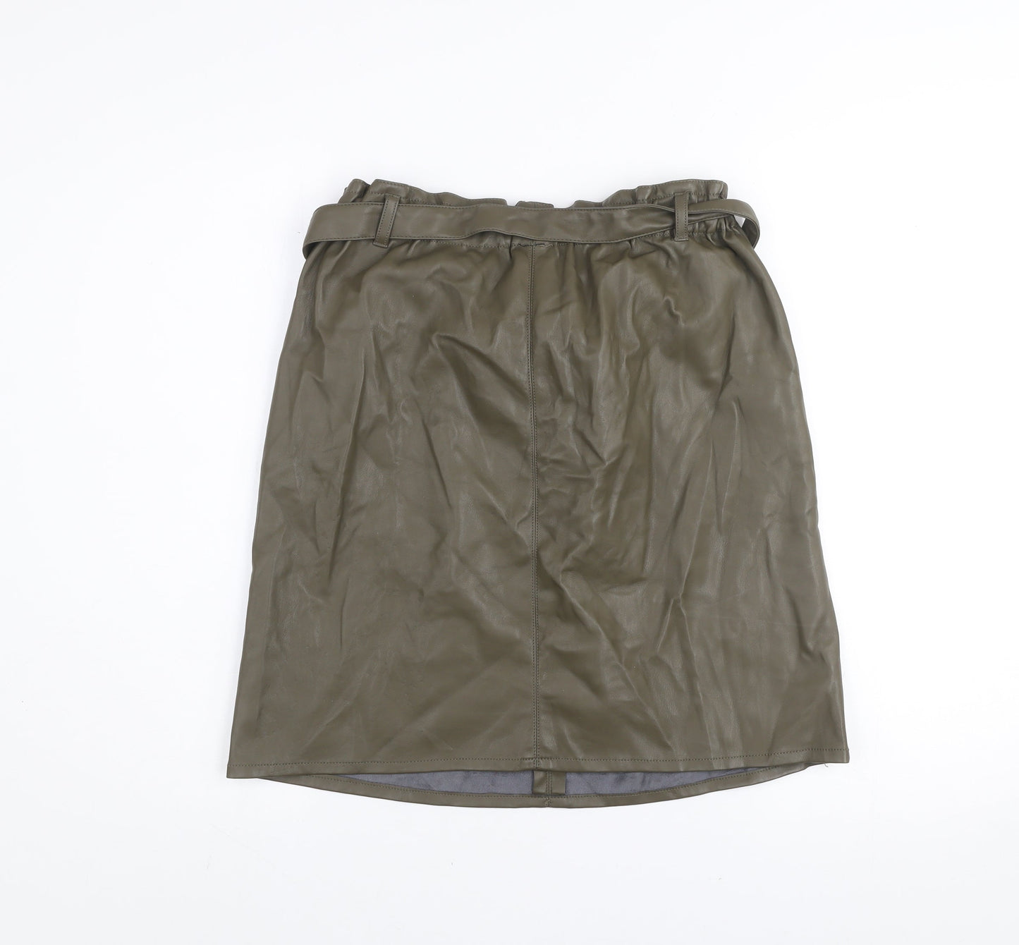 ONLY Women's Green Faux Leather Knee Skirt Size 12 High Waist Belted