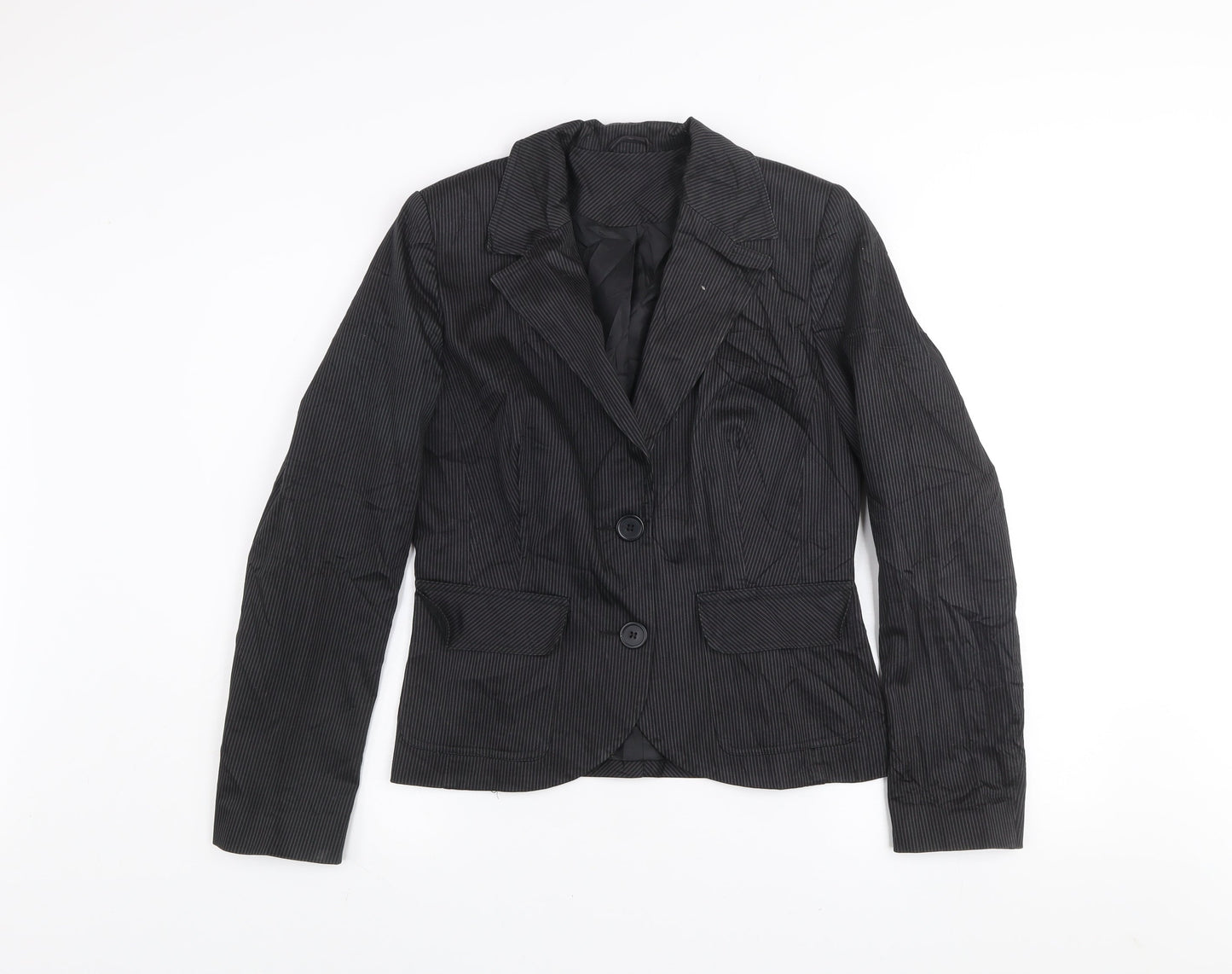 New Look Women's Black Pinstripe Blazer Jacket Size 12 Lined Cotton Workwear
