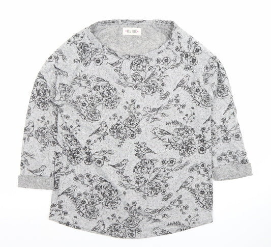 New Look Women's Grey Floral Bird Print 3/4 Sleeve Pullover Jumper Size 10