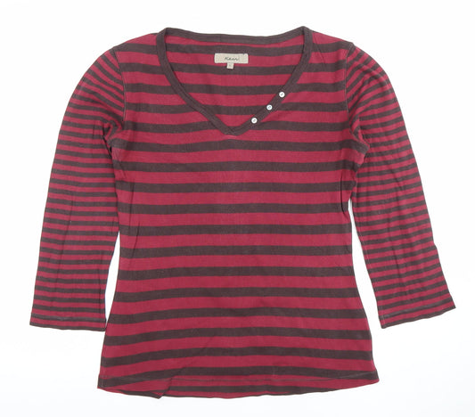 Kew Women's Red Striped 3/4 Sleeve V-Neck Cotton T-Shirt Size L