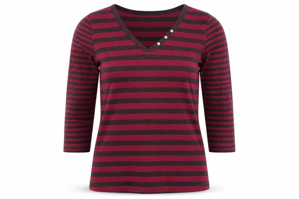 Kew Women's Red Striped 3/4 Sleeve V-Neck Cotton T-Shirt Size L