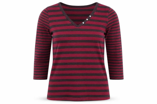 Kew Women's Red Striped 3/4 Sleeve V-Neck Cotton T-Shirt Size L