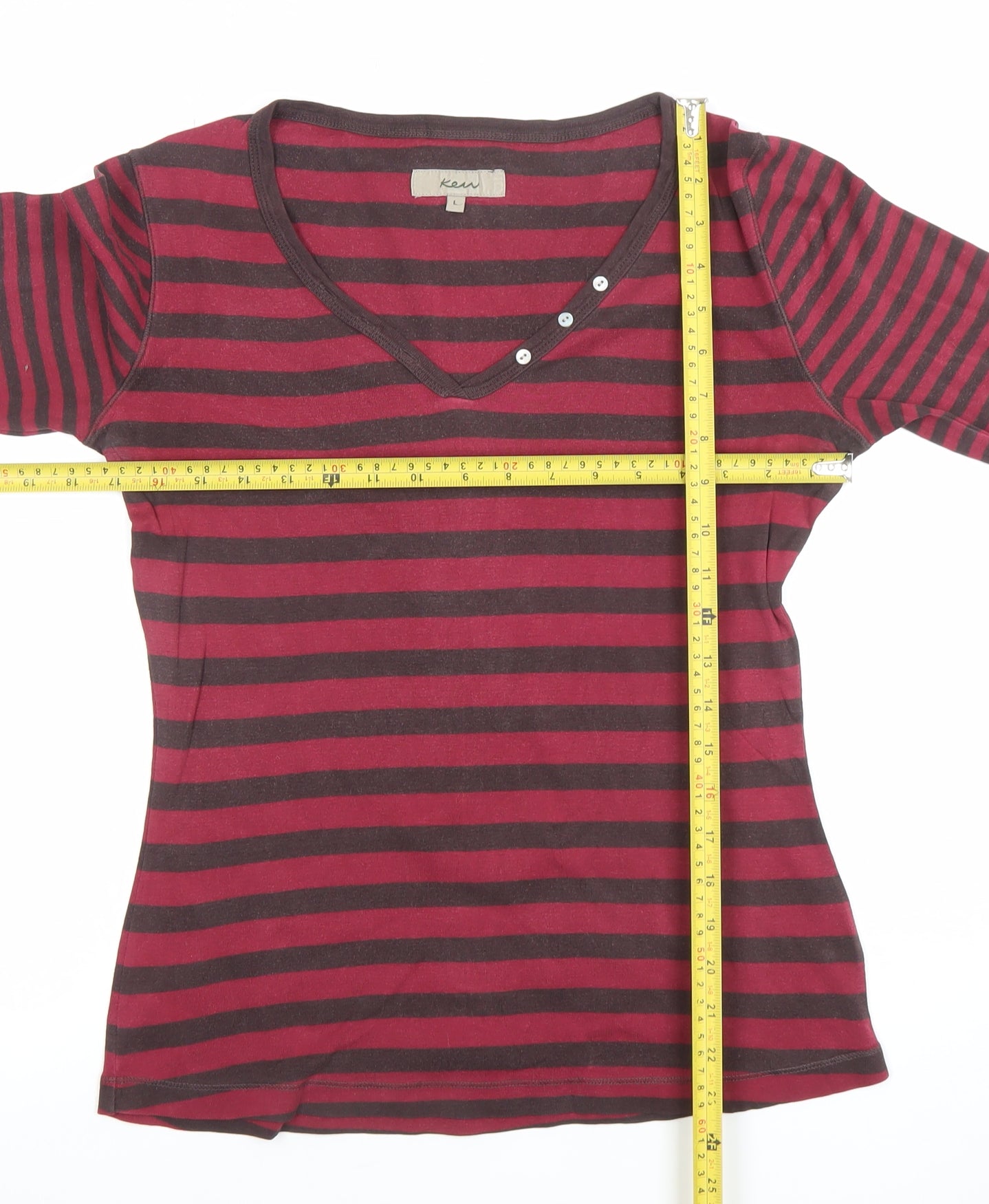 Kew Women's Red Striped 3/4 Sleeve V-Neck Cotton T-Shirt Size L