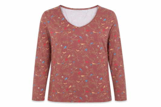 Kettlewell Women Brown Floral Bird Print Long Sleeve V-Neck Top Size L